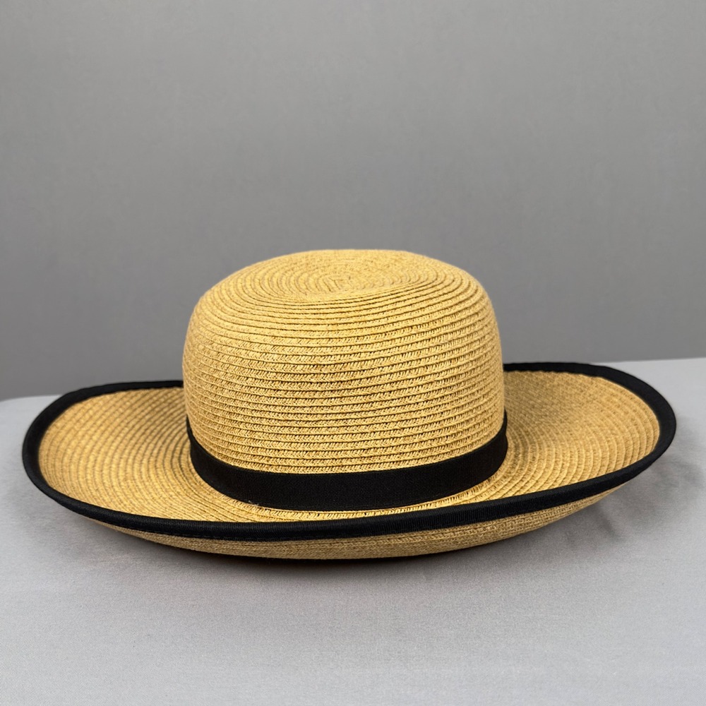 Scala Pronto Wide‎ Brim Straw Sun Hat Boater Style Black Ribbon Trim OSFM
